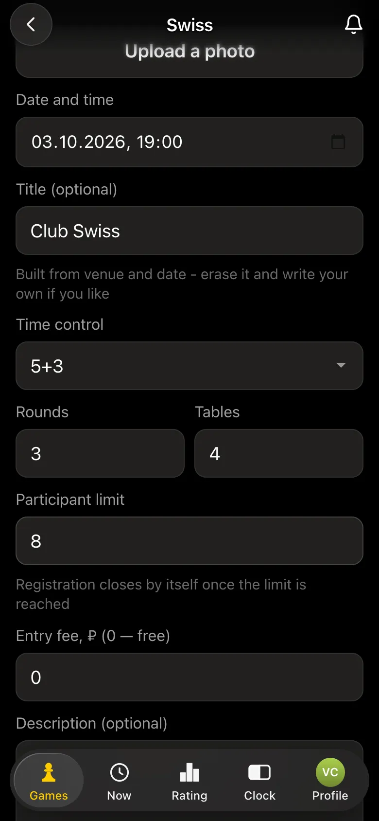 Swiss tournament form: date 03.10.2026, 5+3 time control, 3 rounds, 4 tables, cap of 8 players