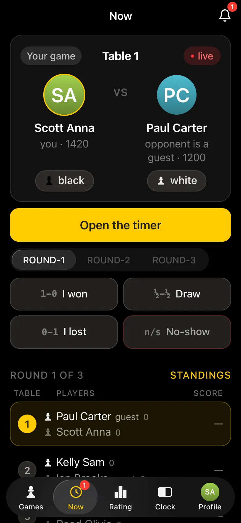 The player's screen: Your game, table 1, black, a guest opponent, Open the timer and result buttons