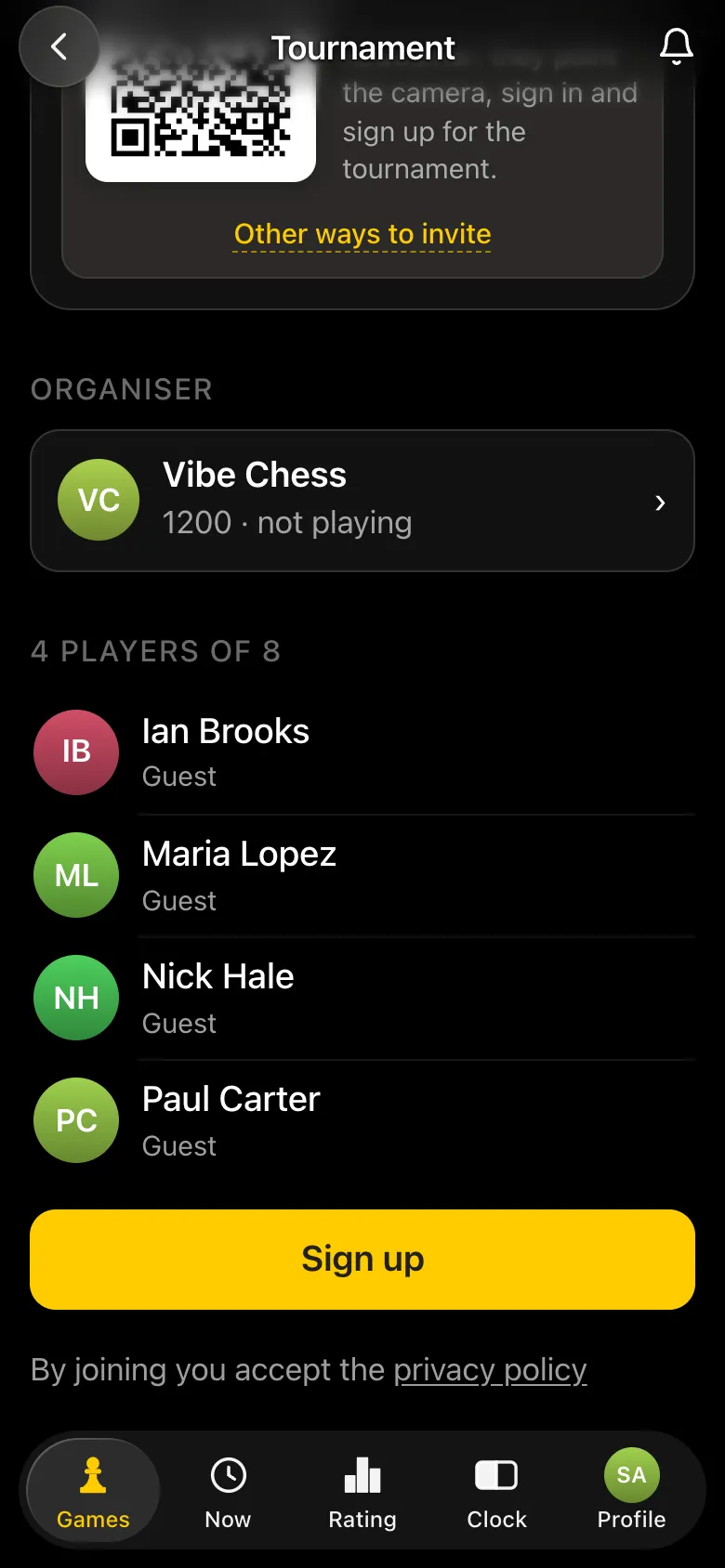 The tournament card as a player sees it: the field with guests and a yellow Sign up button