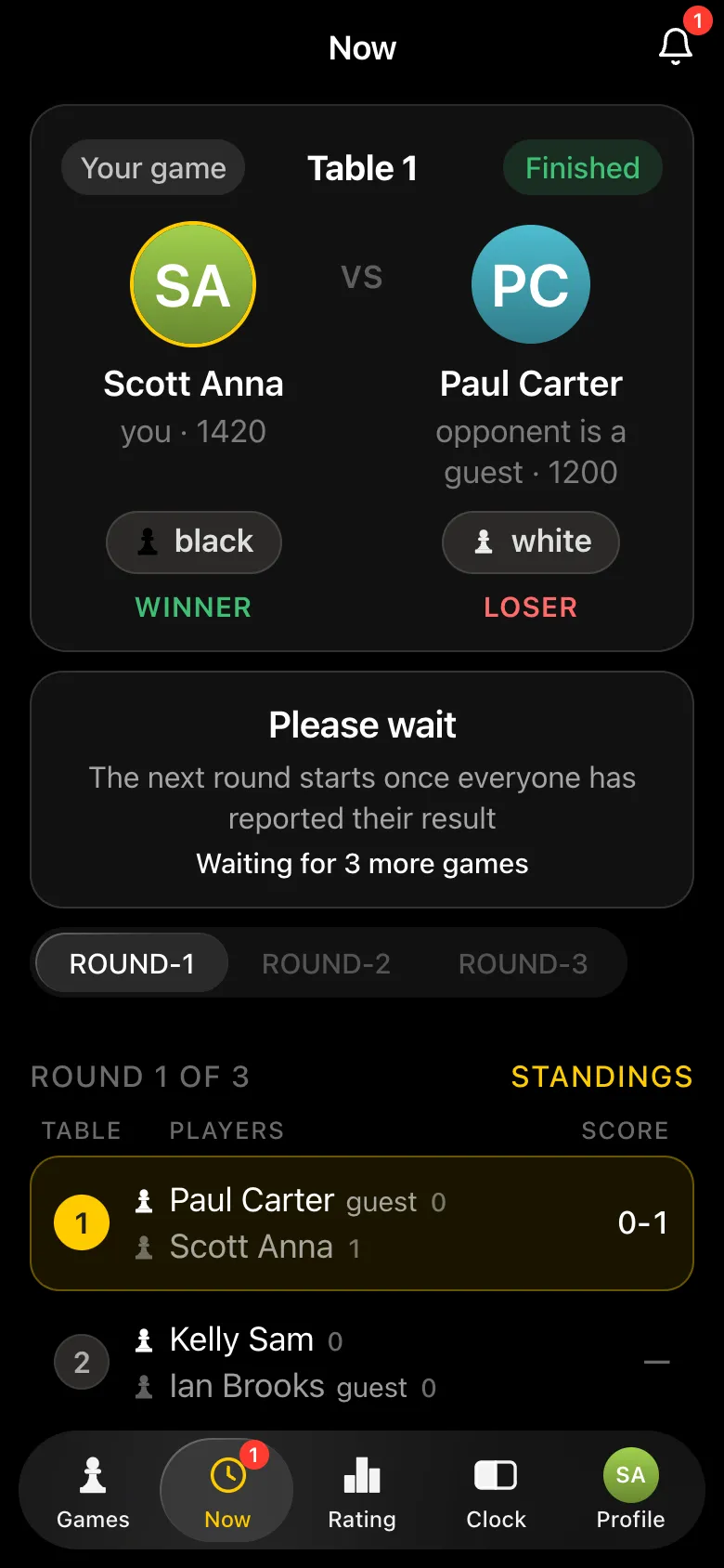 The player's screen after reporting: waiting for the remaining games of the round