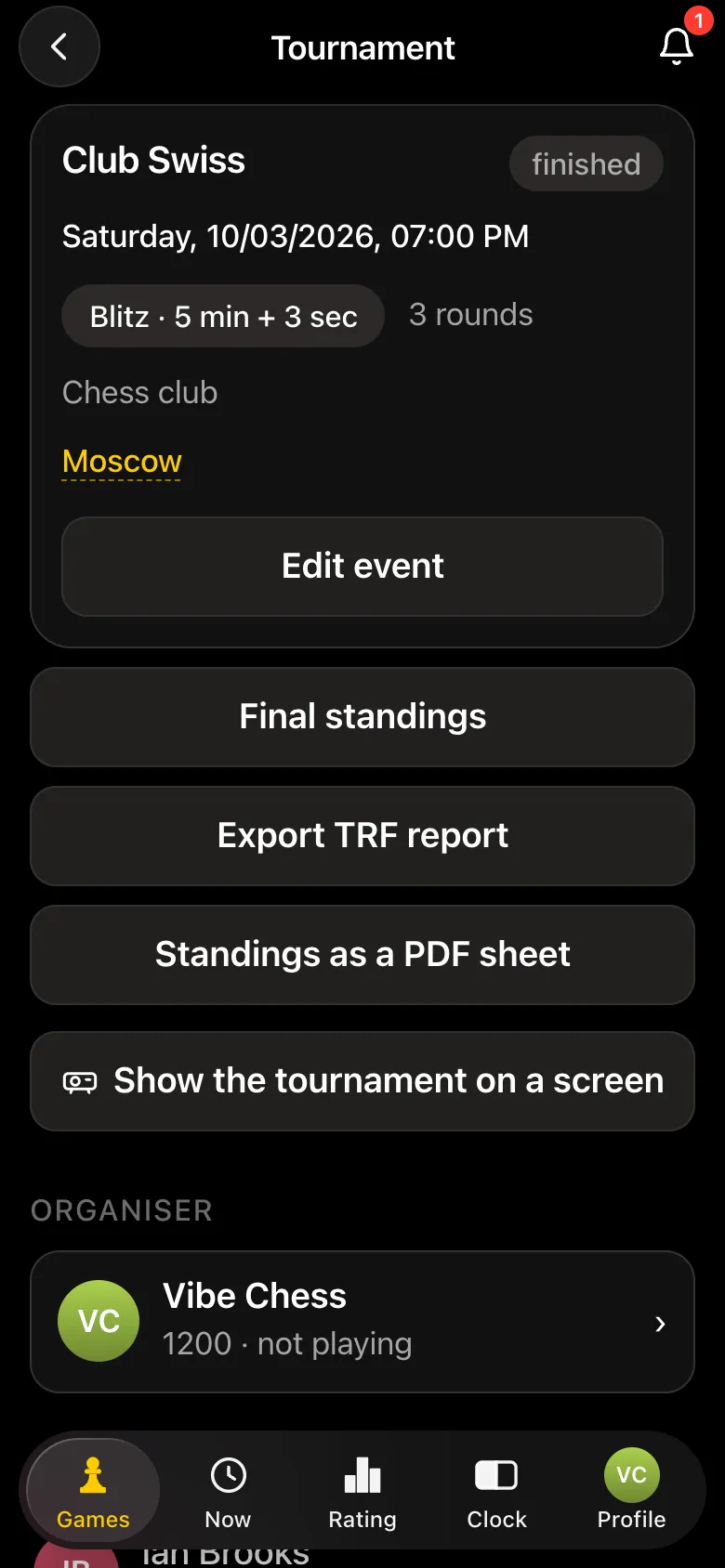 A finished Swiss tournament card: Final standings, Export TRF report, Standings as a PDF sheet, Show the tournament on a screen