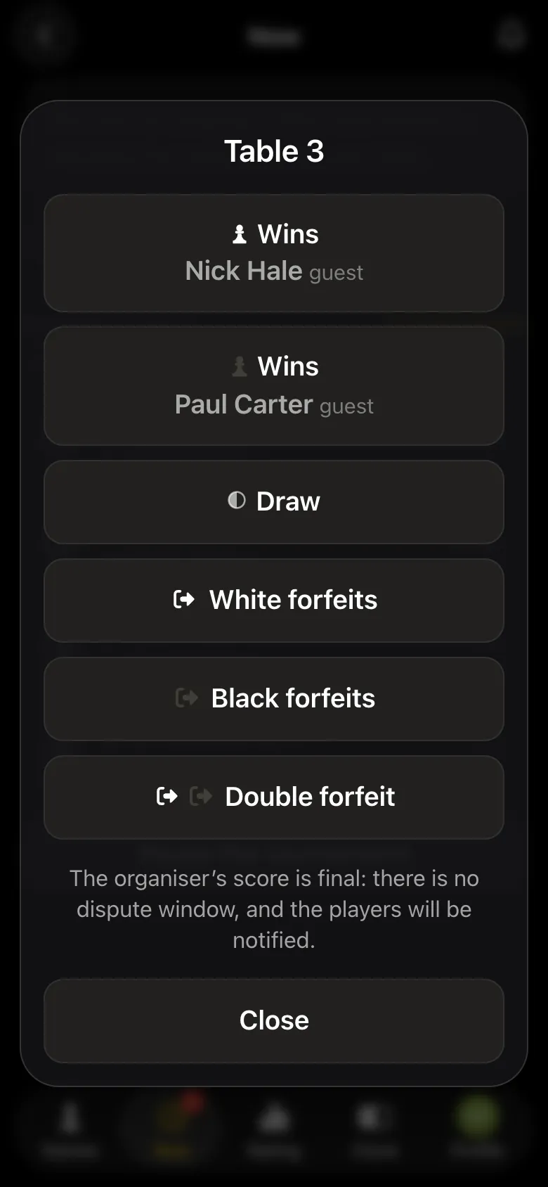 The organiser's Table 3 dialog: White wins, Black wins, draw, White forfeits, Black forfeits, double forfeit