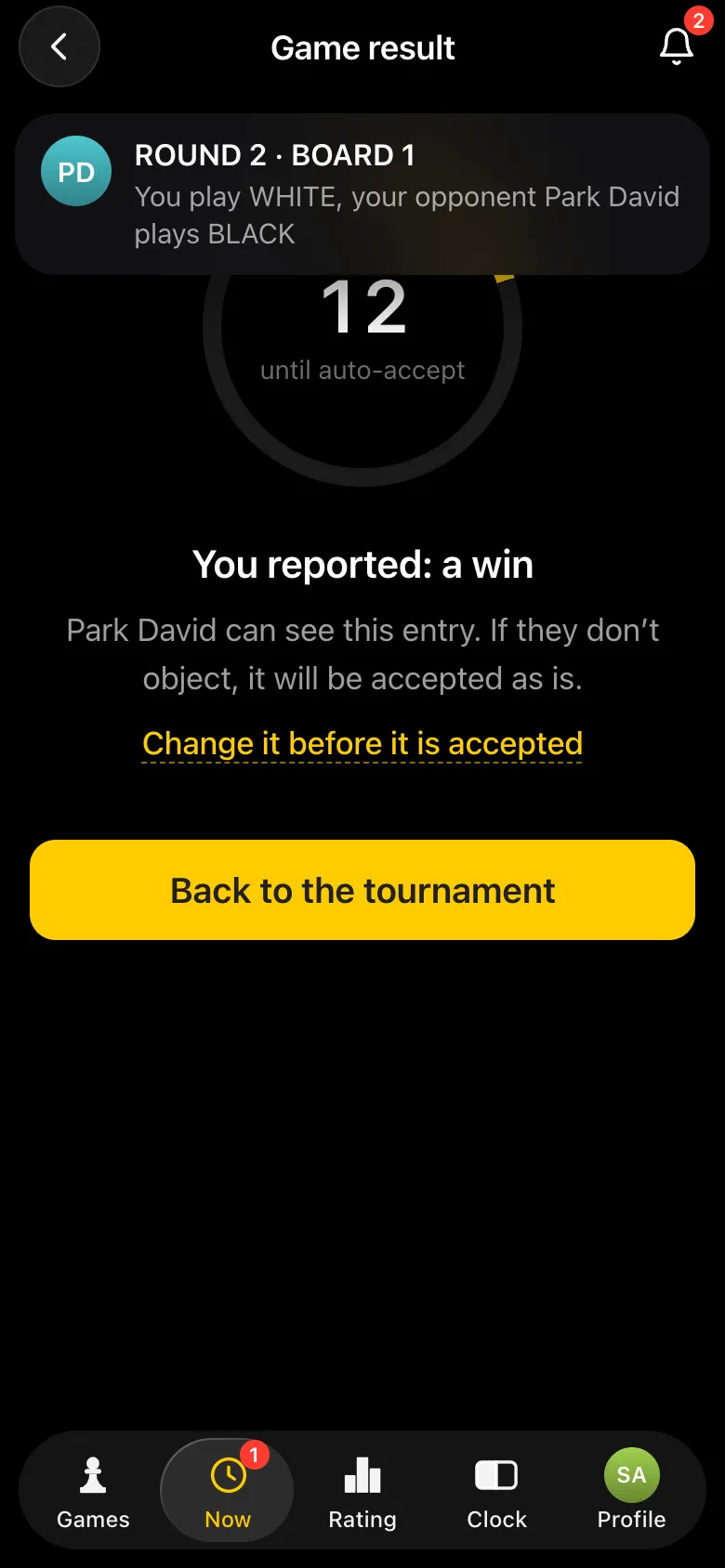 The Game result screen: You reported: a win, countdown until auto-accept, Change it before it is accepted