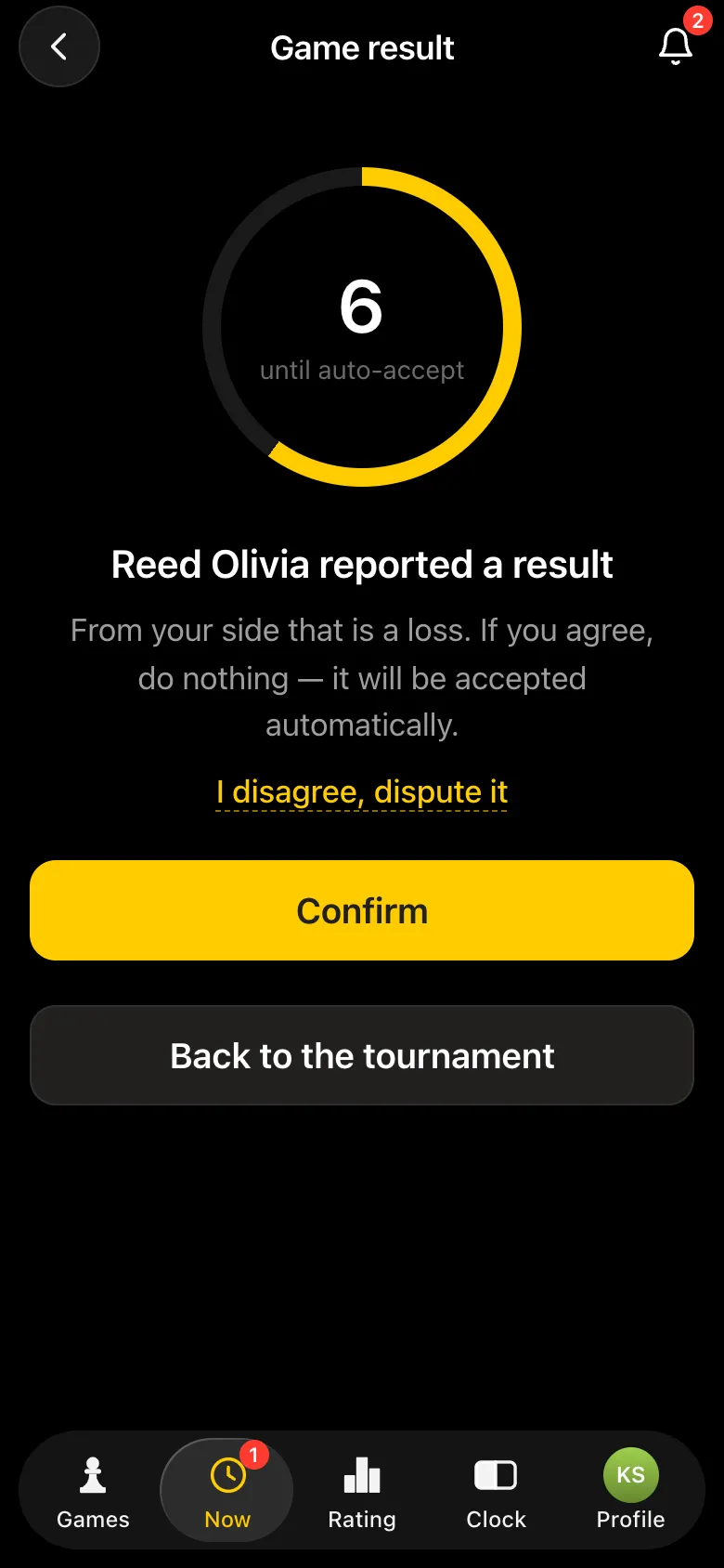 The opponent's screen: countdown until auto-accept, Confirm and I disagree, dispute it
