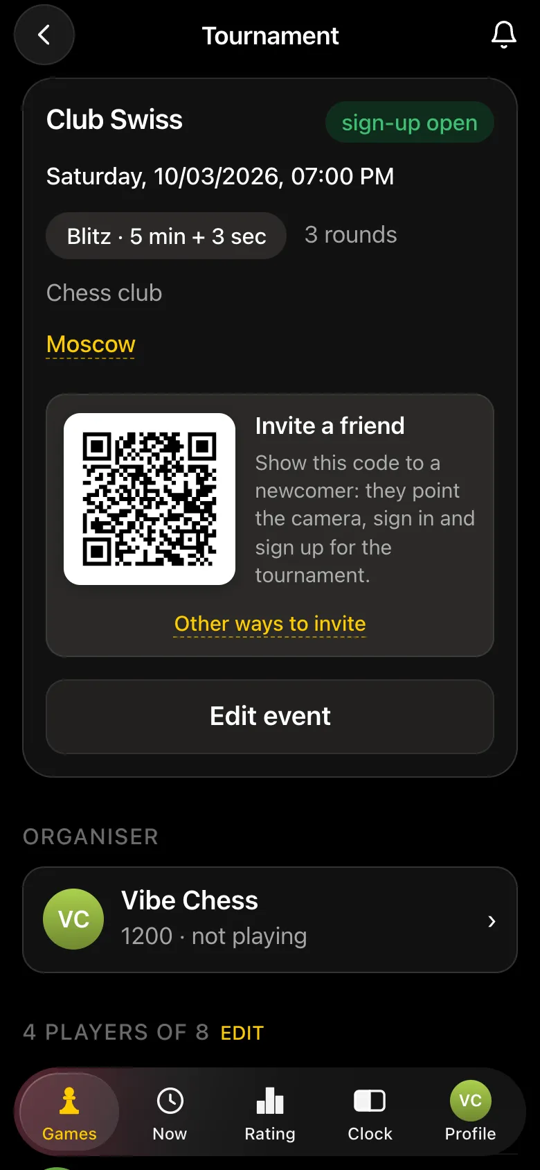 The Club Swiss tournament card marked sign-up open, with an Invite a friend QR code