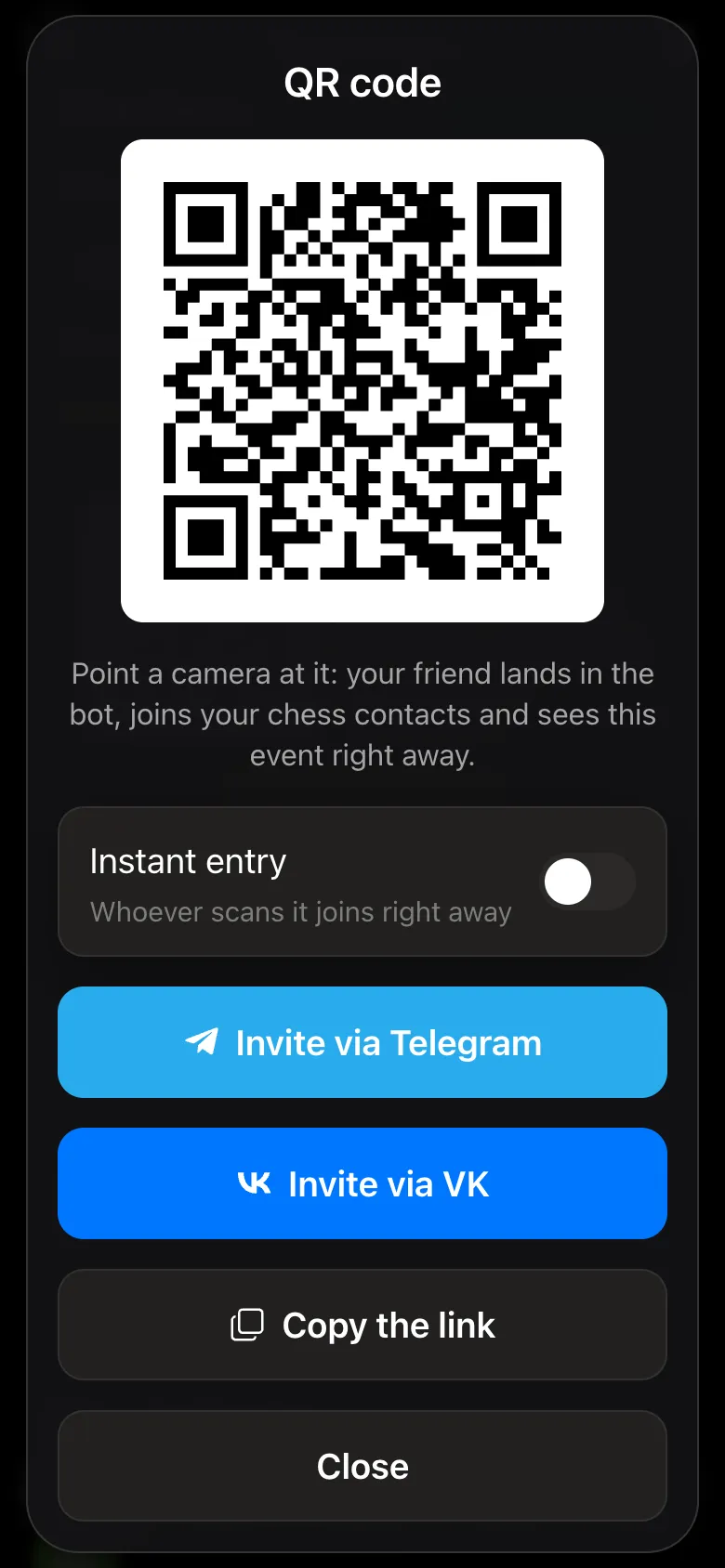 The QR code dialog: Instant entry switch, Invite via Telegram, Invite via VK, Copy the link