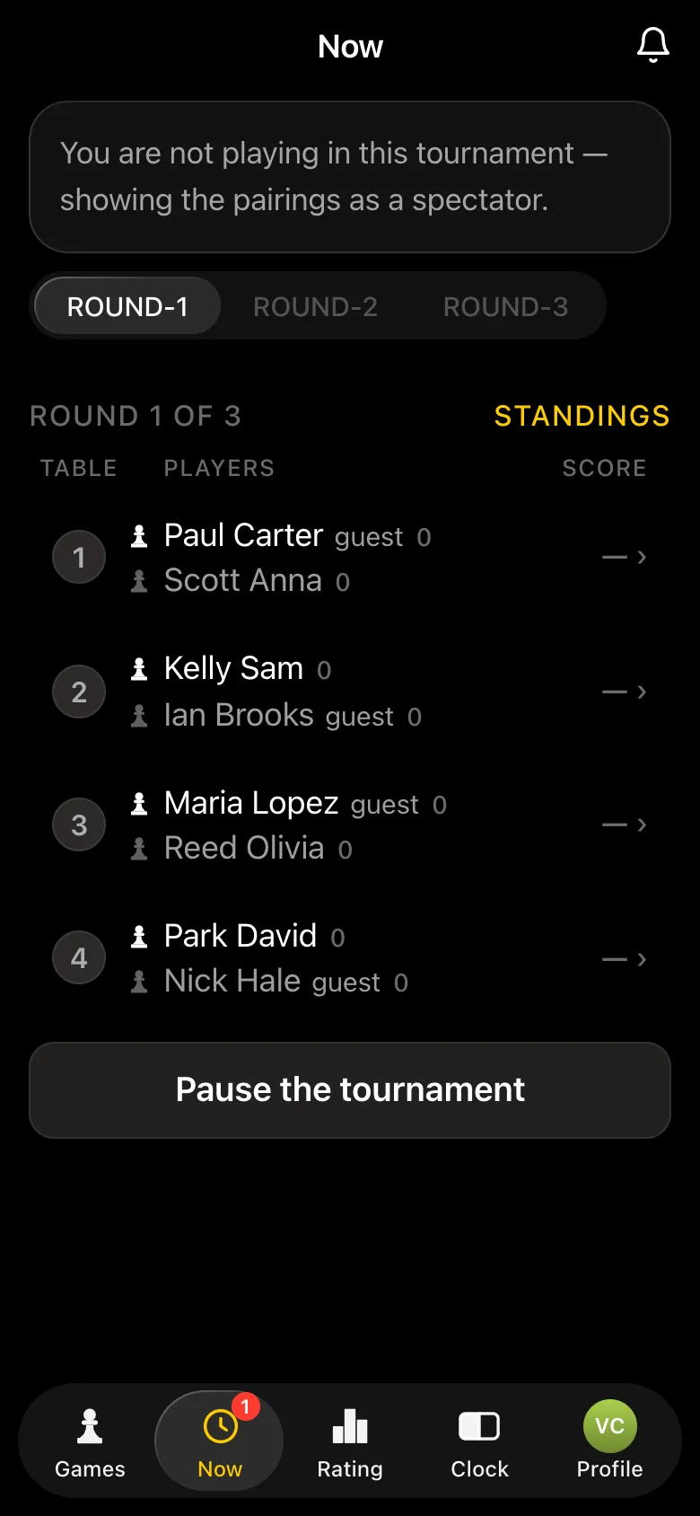 The organiser's Now screen: round 1 of 3, four tables, each pair a rated player against a guest