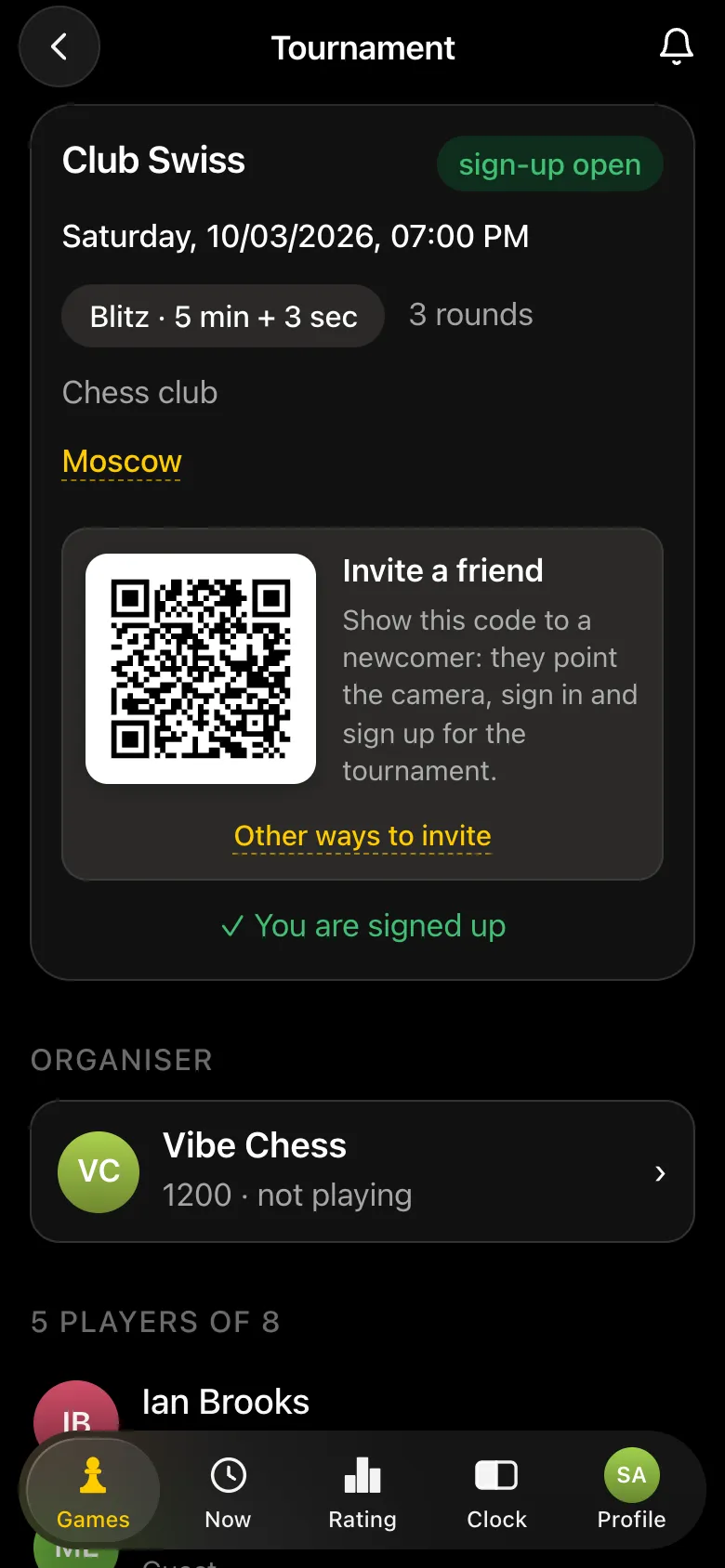 The tournament card after signing up: You are signed up, five players of eight