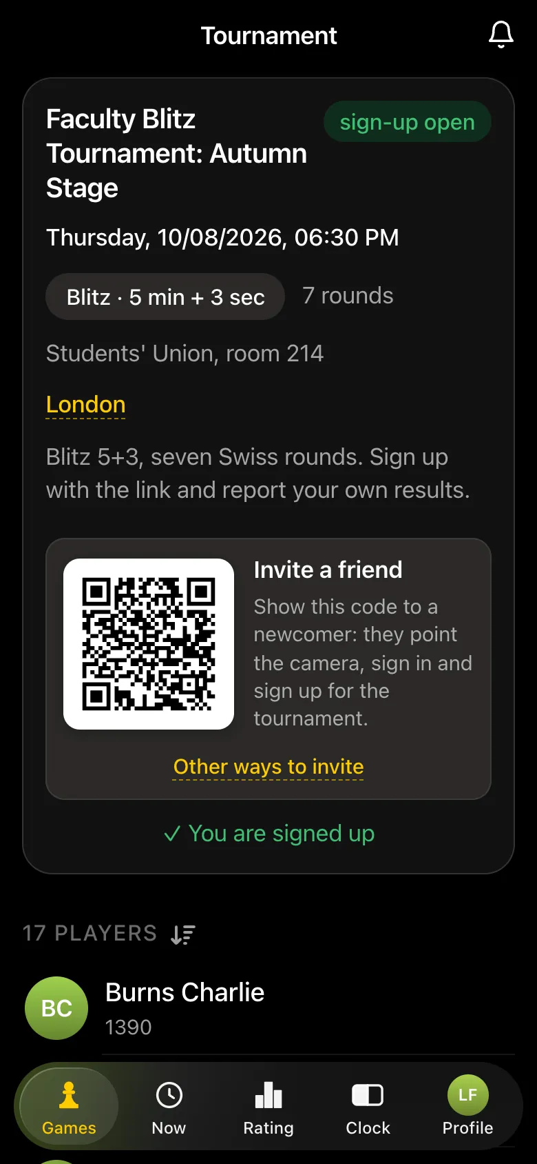 The tournament card as a student sees it: 5+3 blitz, 7 rounds, You are signed up