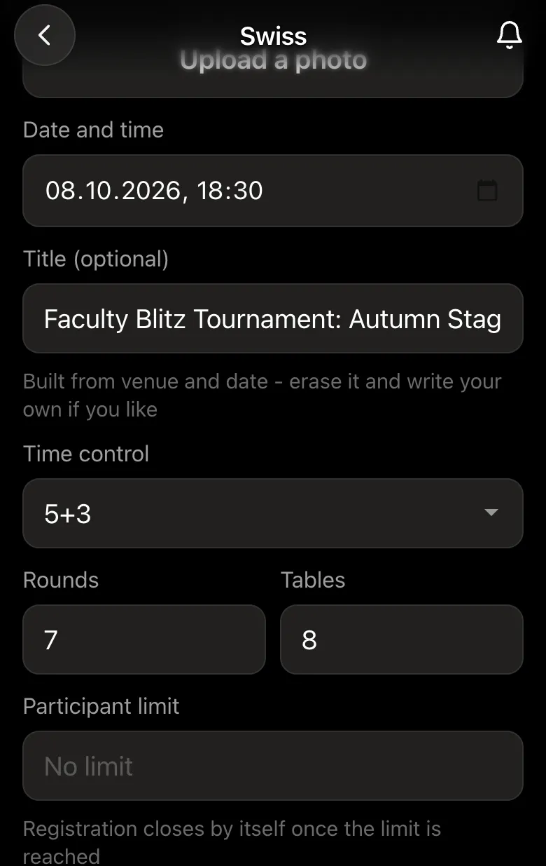 Tournament form: date, title Faculty Blitz Tournament: Autumn Stage, 5+3, 7 rounds, 8 tables