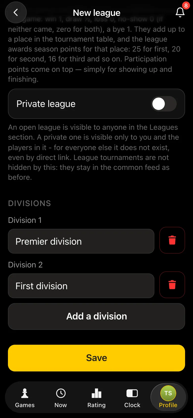 League form: the Private league switch and two divisions - Premier division and First division