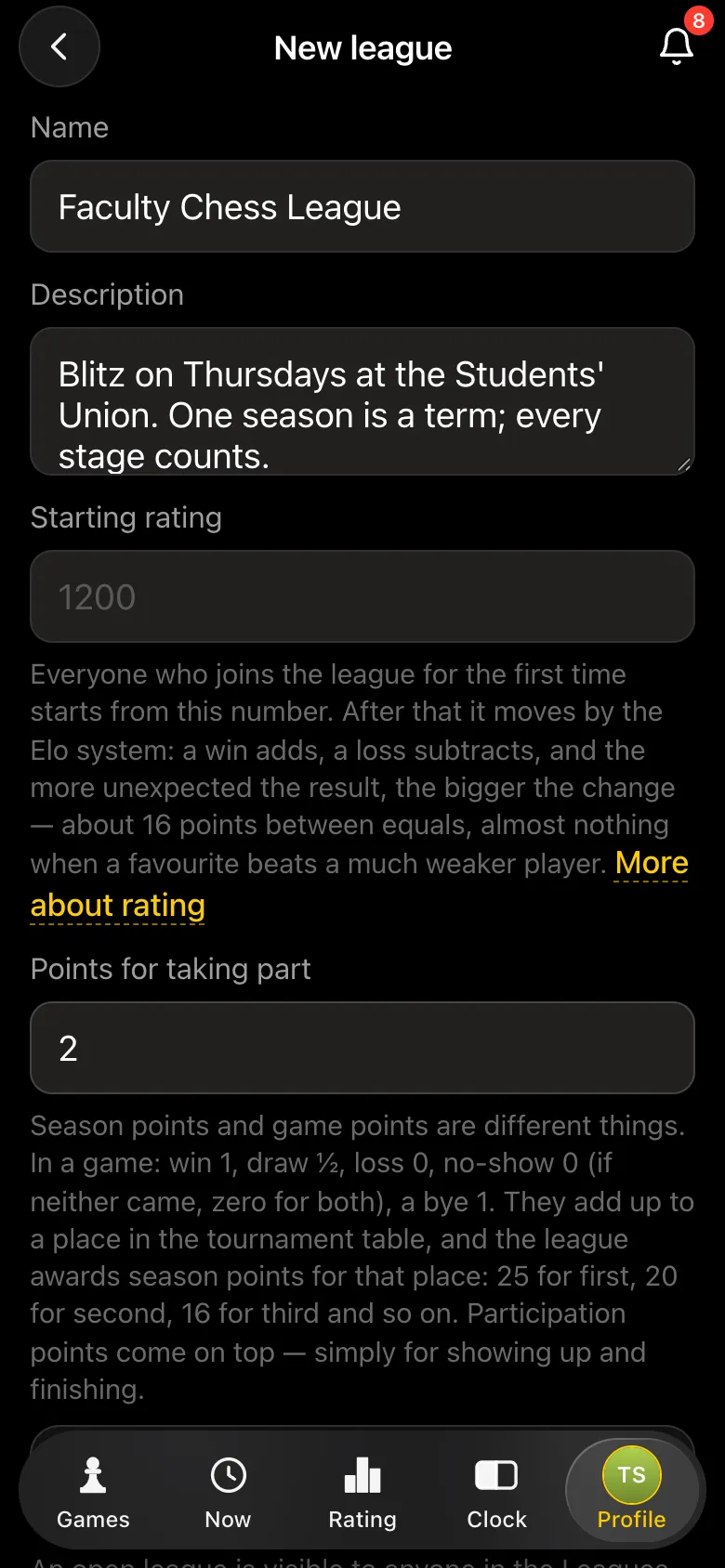New league form: name Faculty Chess League, description, starting rating 1200, points for taking part 2