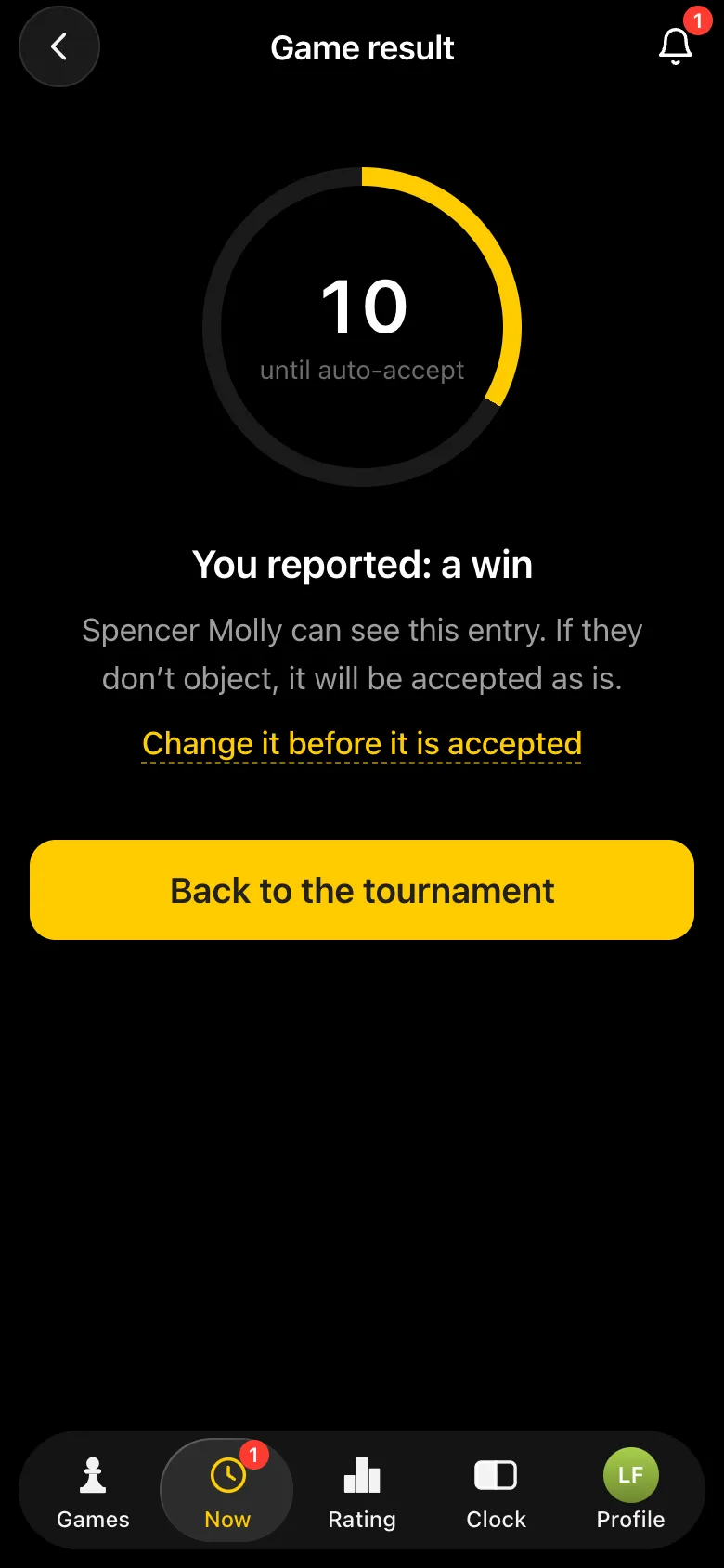 Screen after You reported: a win - countdown to auto-accept, the opponent can see the entry