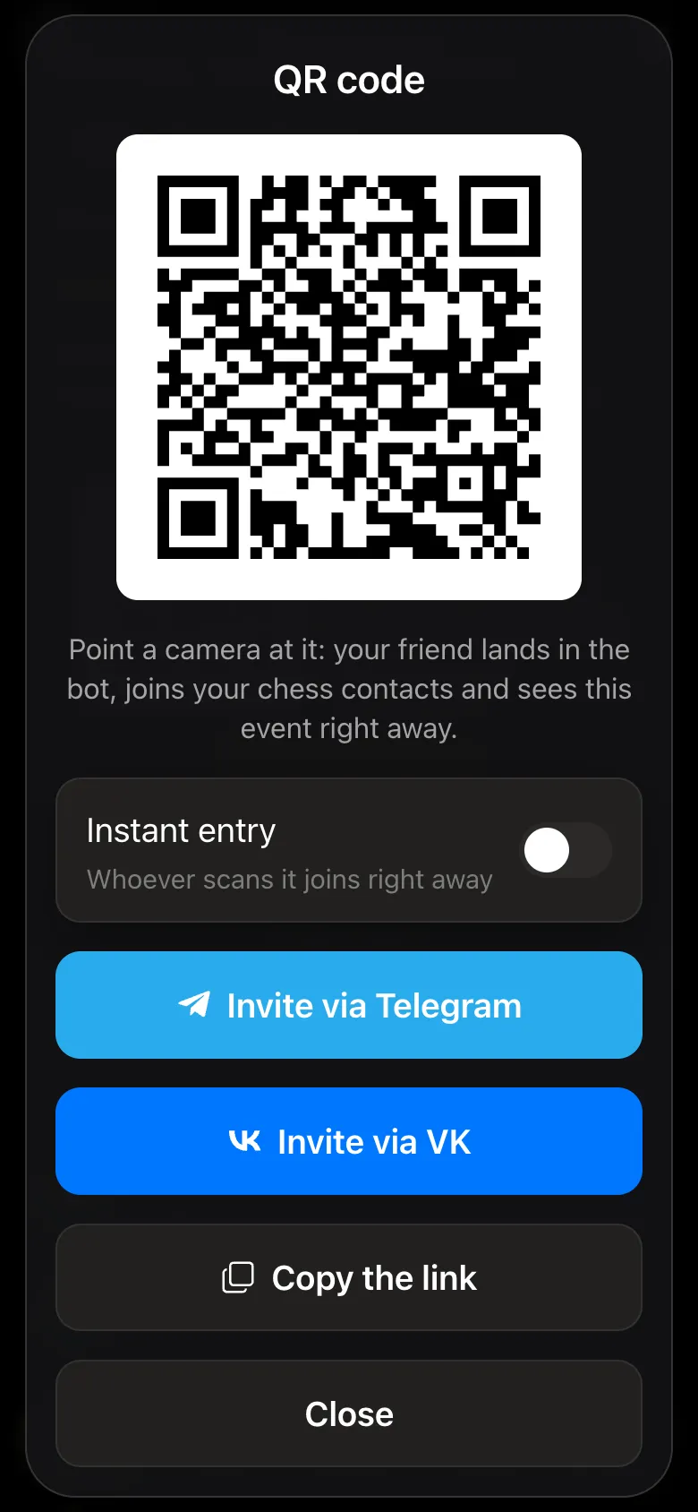 QR code window: Instant entry switch, Invite via Telegram, Invite via VK and Copy the link buttons