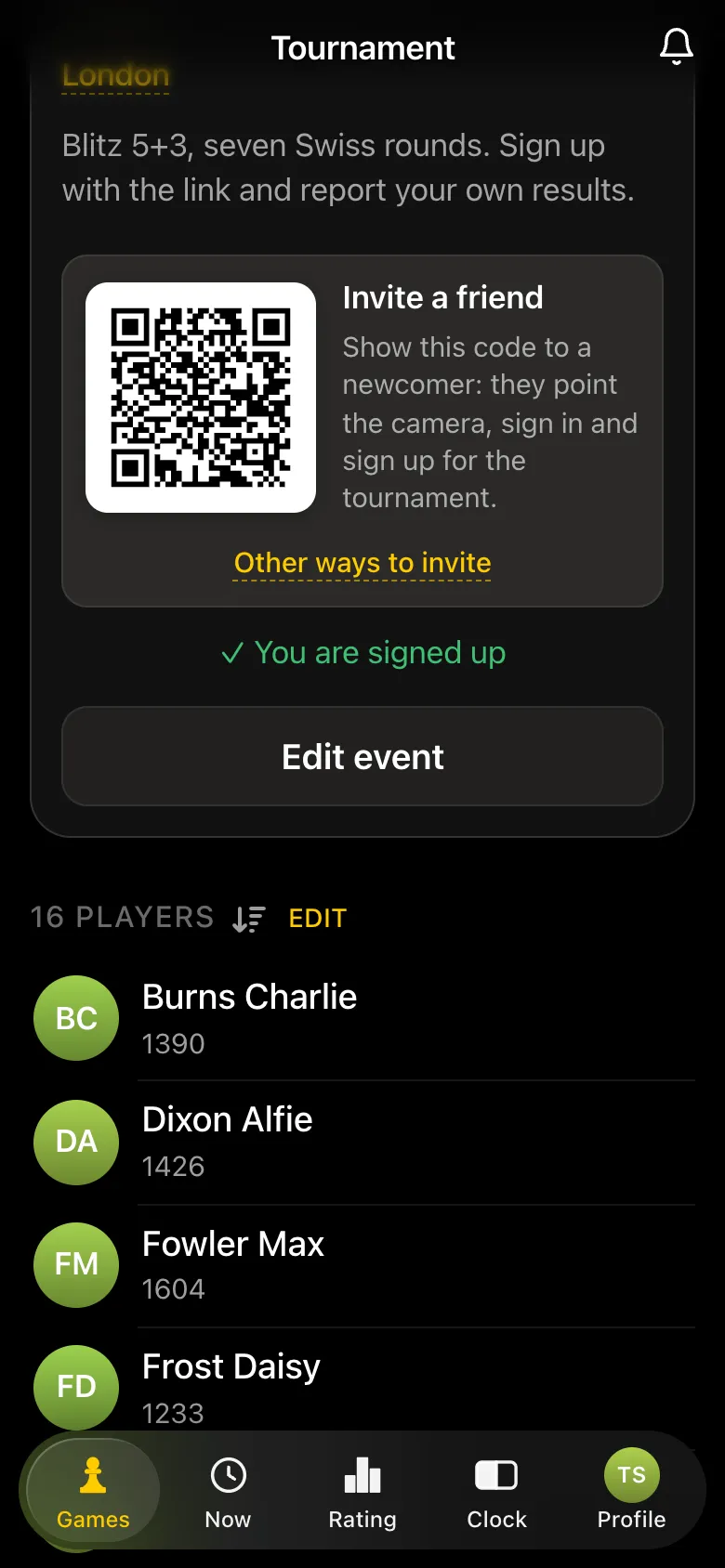 Invite a friend block on the tournament card: QR code and the Other ways to invite link