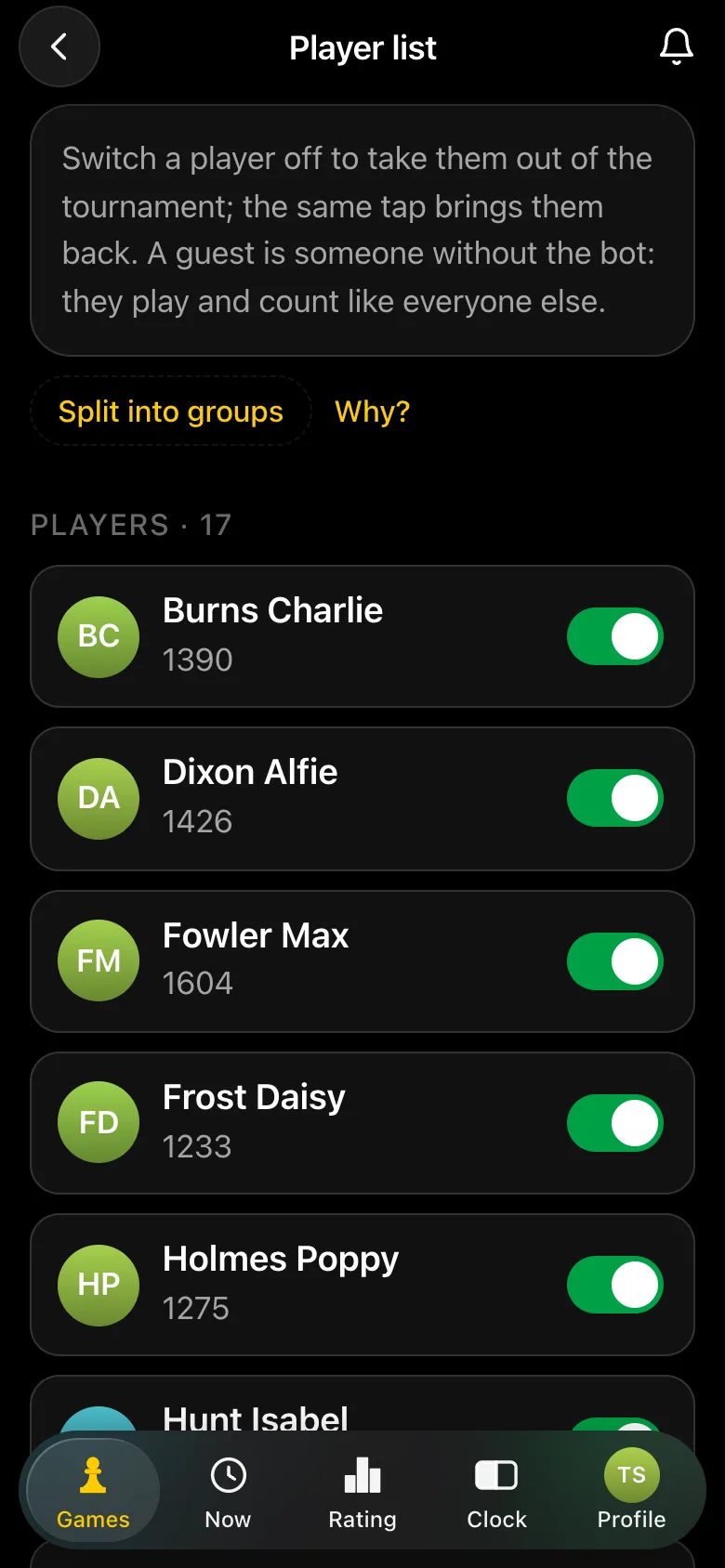 Player list: 17 players with ratings, a switch next to each name and a Split into groups link