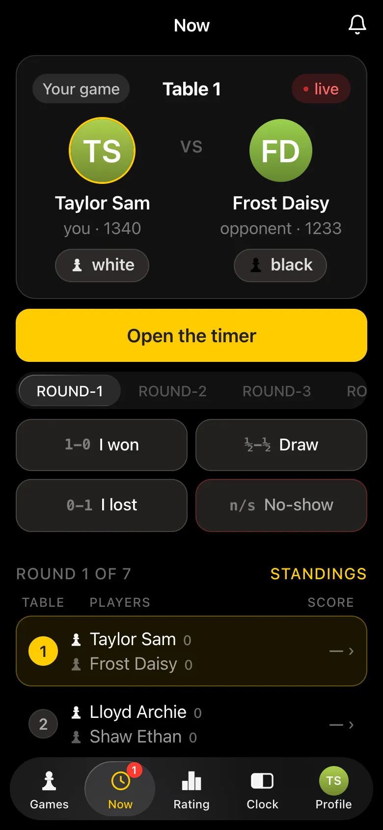 The organiser's Now screen in round one: their own game on table 1 and the list of pairings