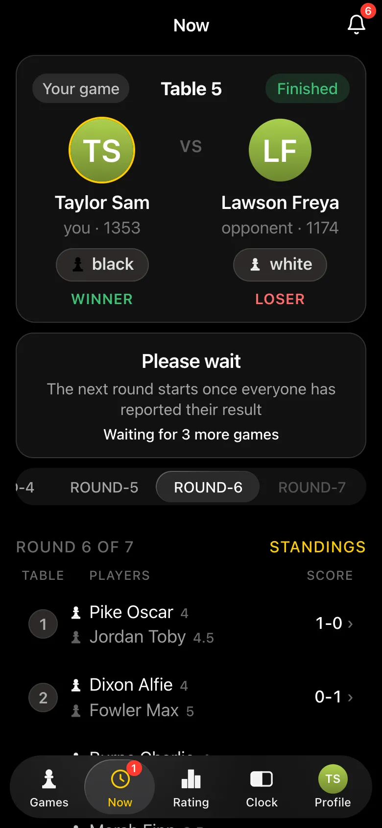 Round six on the organiser's screen: their game is finished, waiting for 3 more games, results in the pairings list