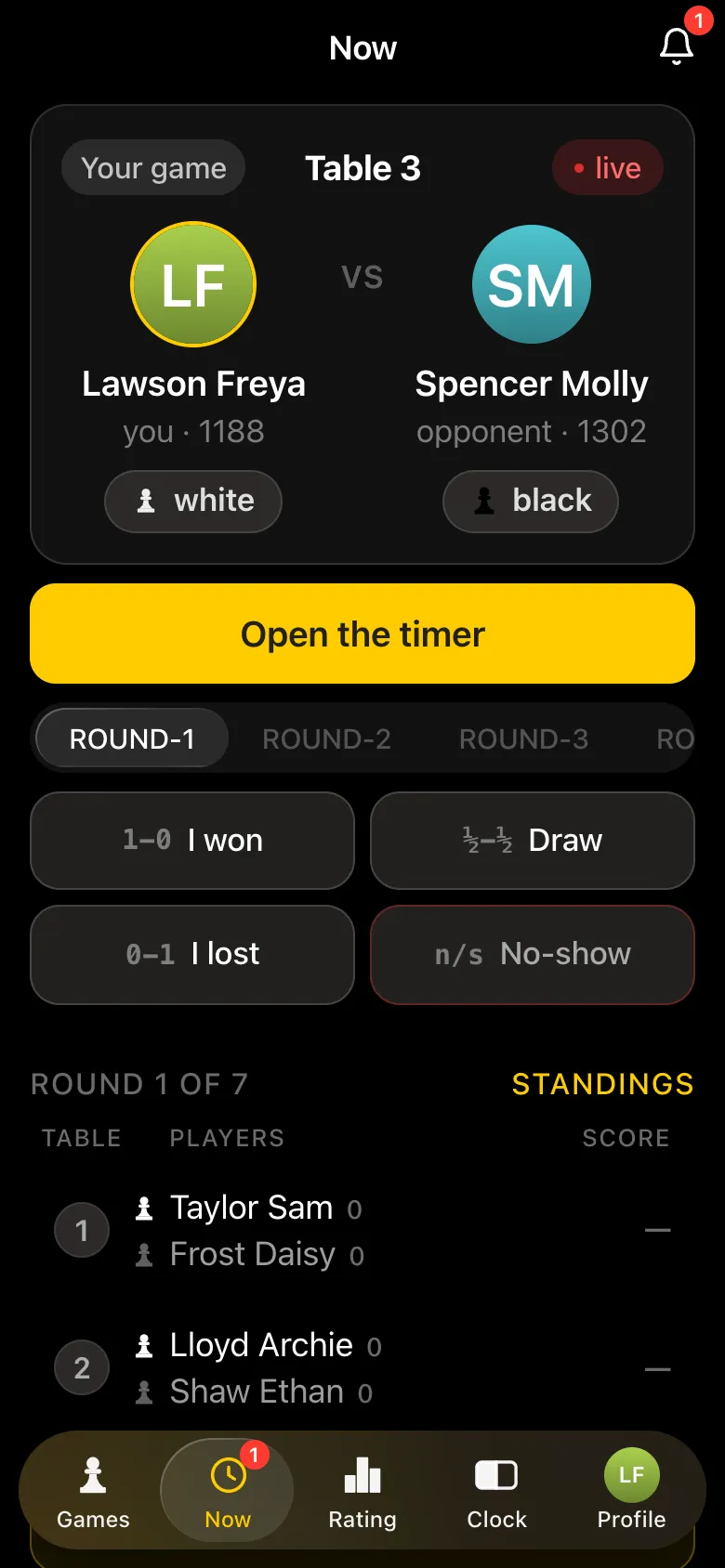 A player's screen: Your game, table 3, Lawson Freya with white against Spencer Molly, result buttons