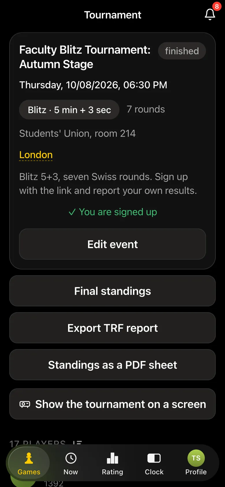 Finished tournament card with Final standings, Export TRF report, Standings as a PDF sheet and Show the tournament on a screen