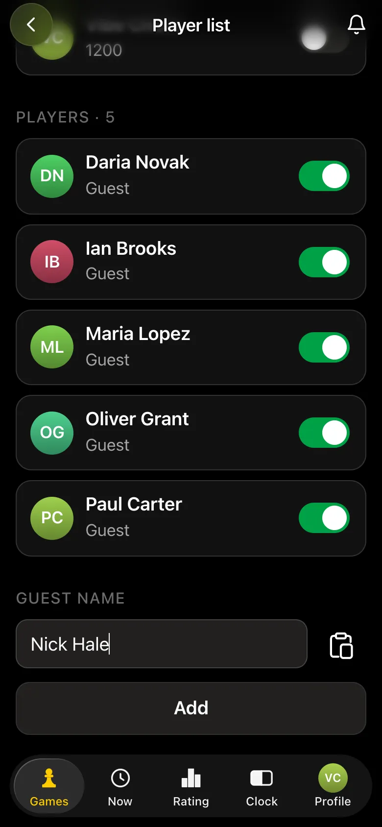 The Guest name field with a name typed in and the Add button under the player list