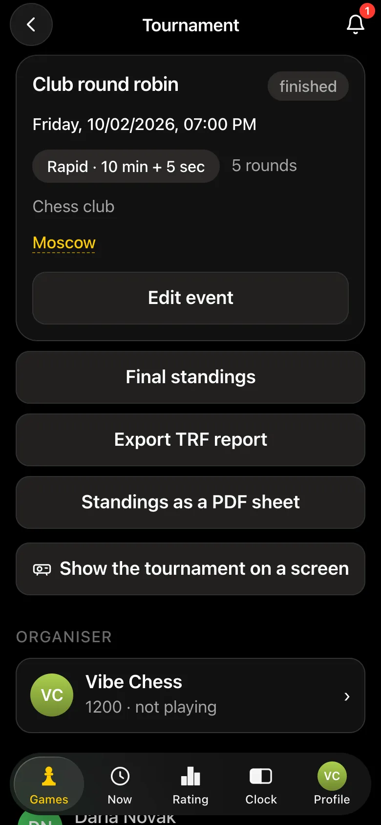A finished tournament card: Final standings, Export TRF report, Standings as a PDF sheet, Show the tournament on a screen