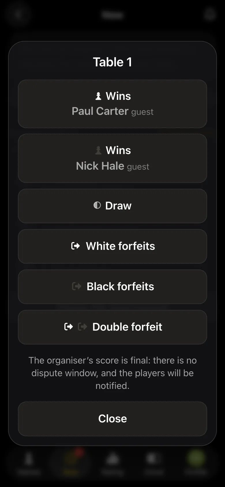 The Table 1 dialog: wins for White, wins for Black, draw, White forfeits, Black forfeits, double forfeit