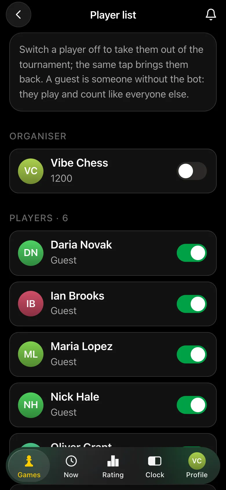 The player list screen: the organiser switched off, six players below, each marked Guest