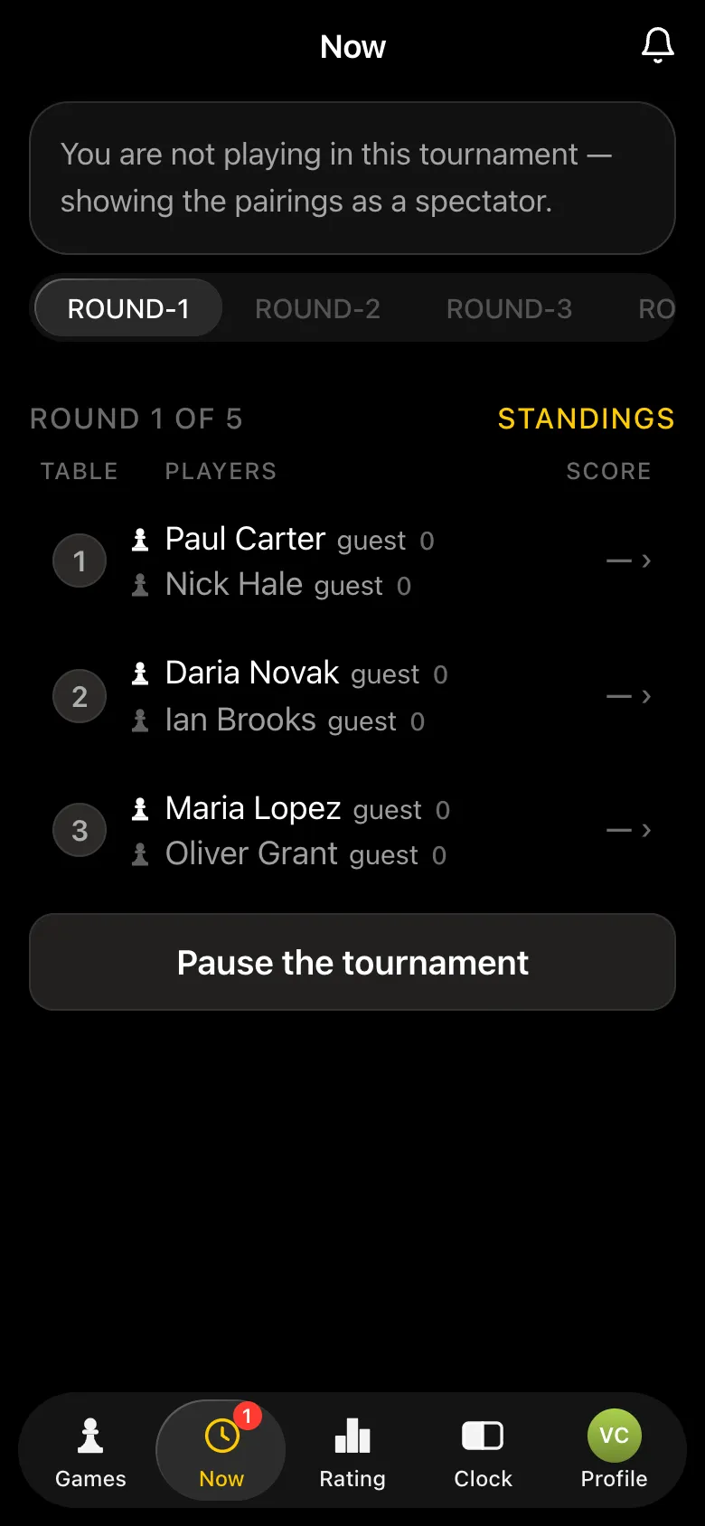 The Now screen: round 1 of 5, three tables, White and Black in every pair, all players are guests