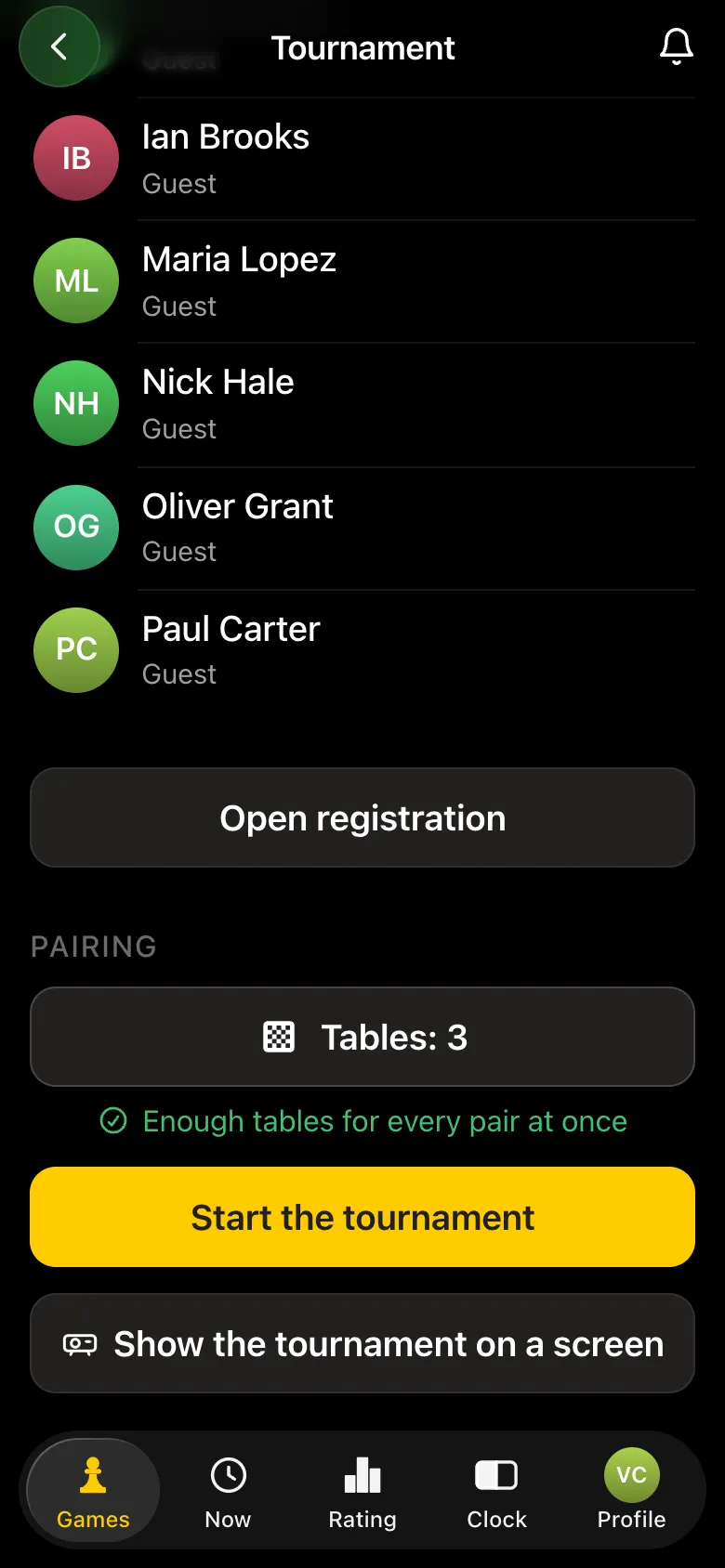 The Pairing block on the tournament card: Tables: 3, a note that there are enough tables for every pair at once, and the Start the tournament button