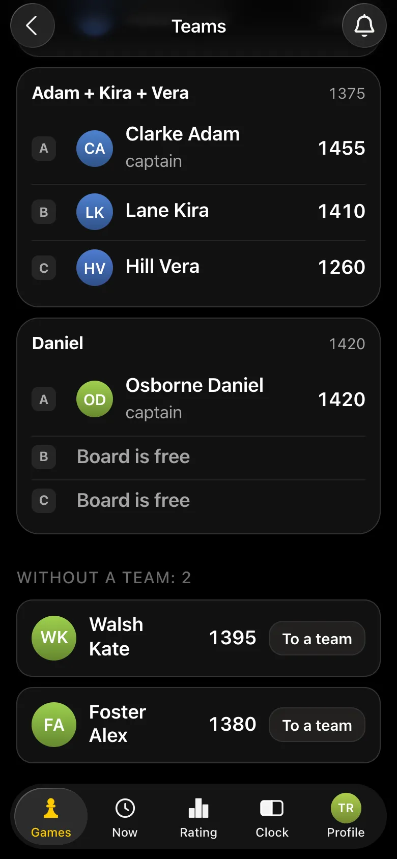 Teams screen: team Daniel with two free boards and two players without a team, each with a To a team button