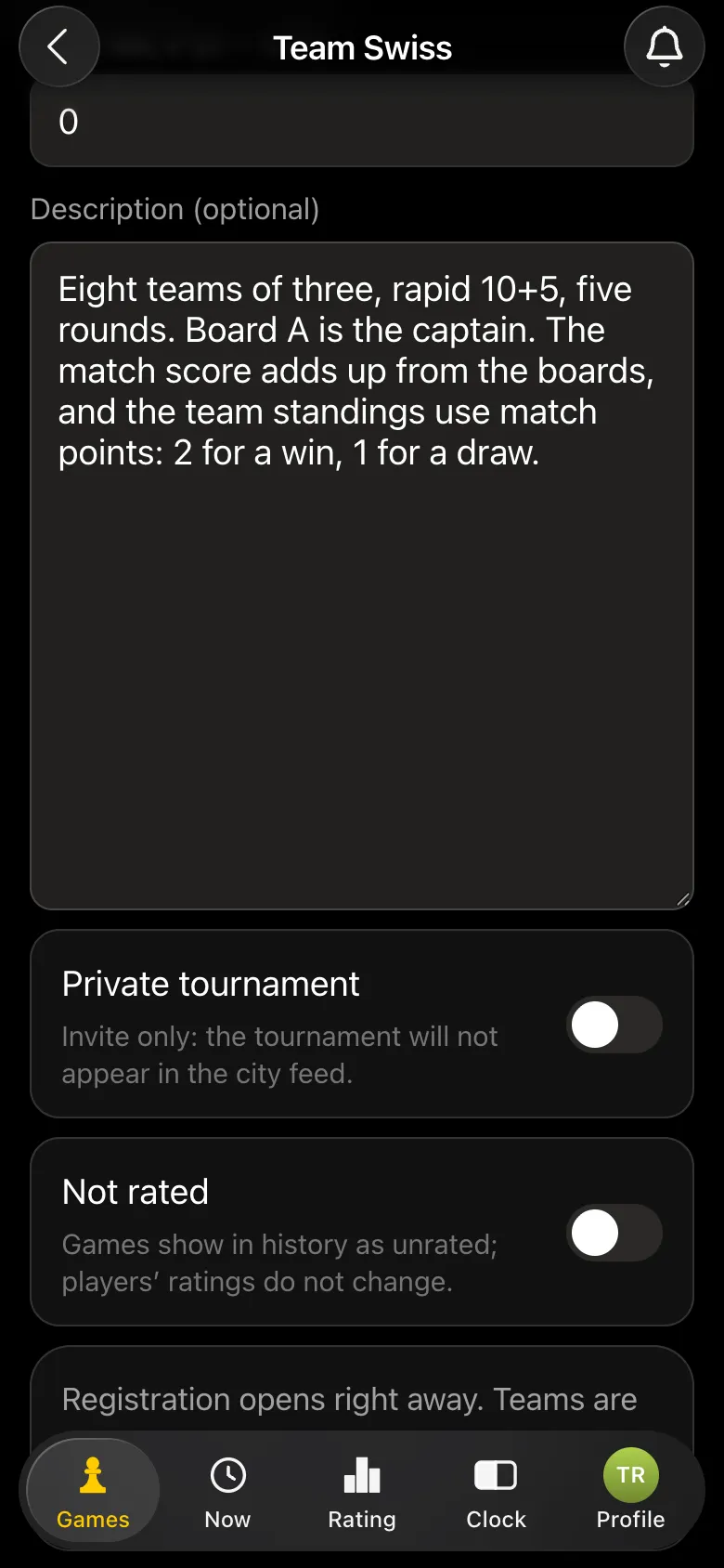 Bottom of the form: tournament description and the Private tournament and Not rated switches