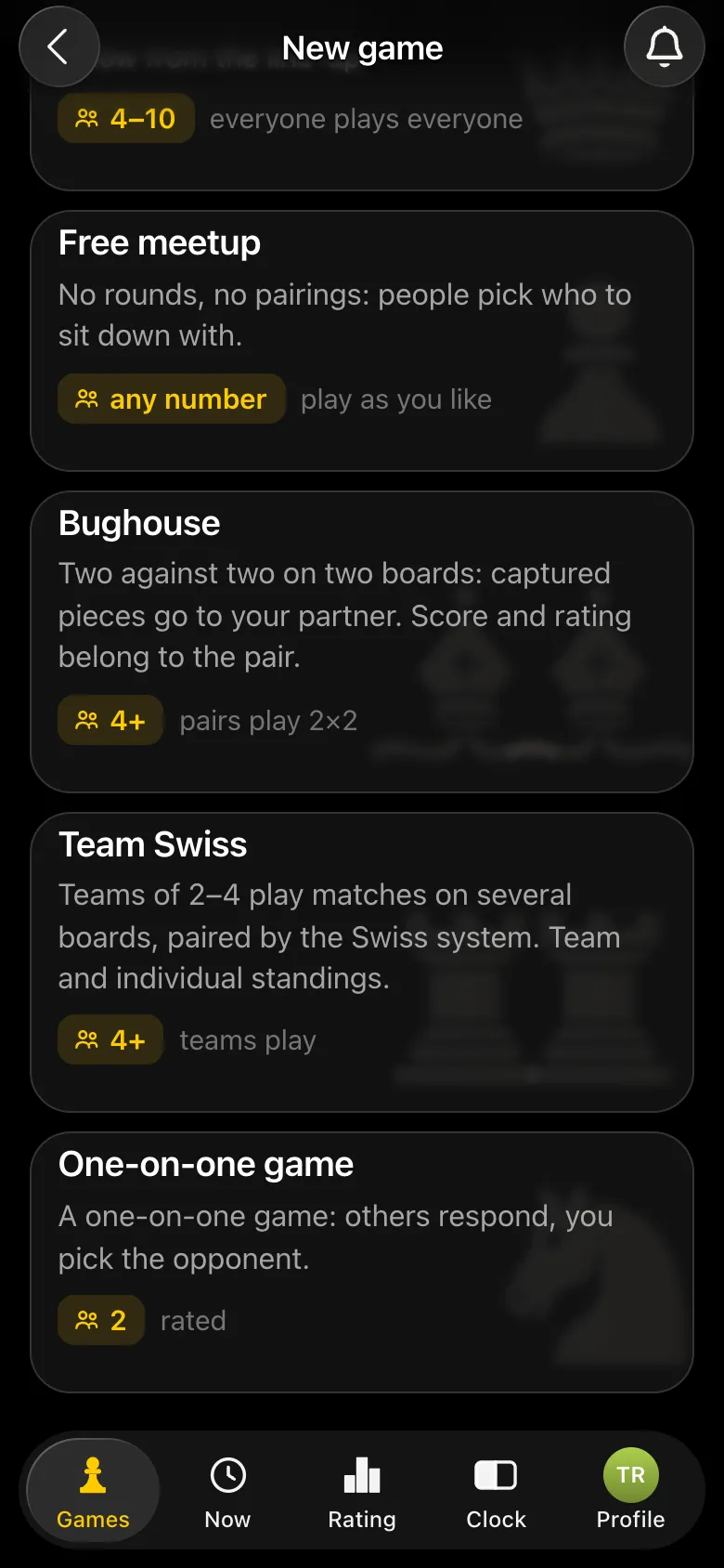 New game screen: the Team Swiss format - teams of 2-4, from 4 players, teams play