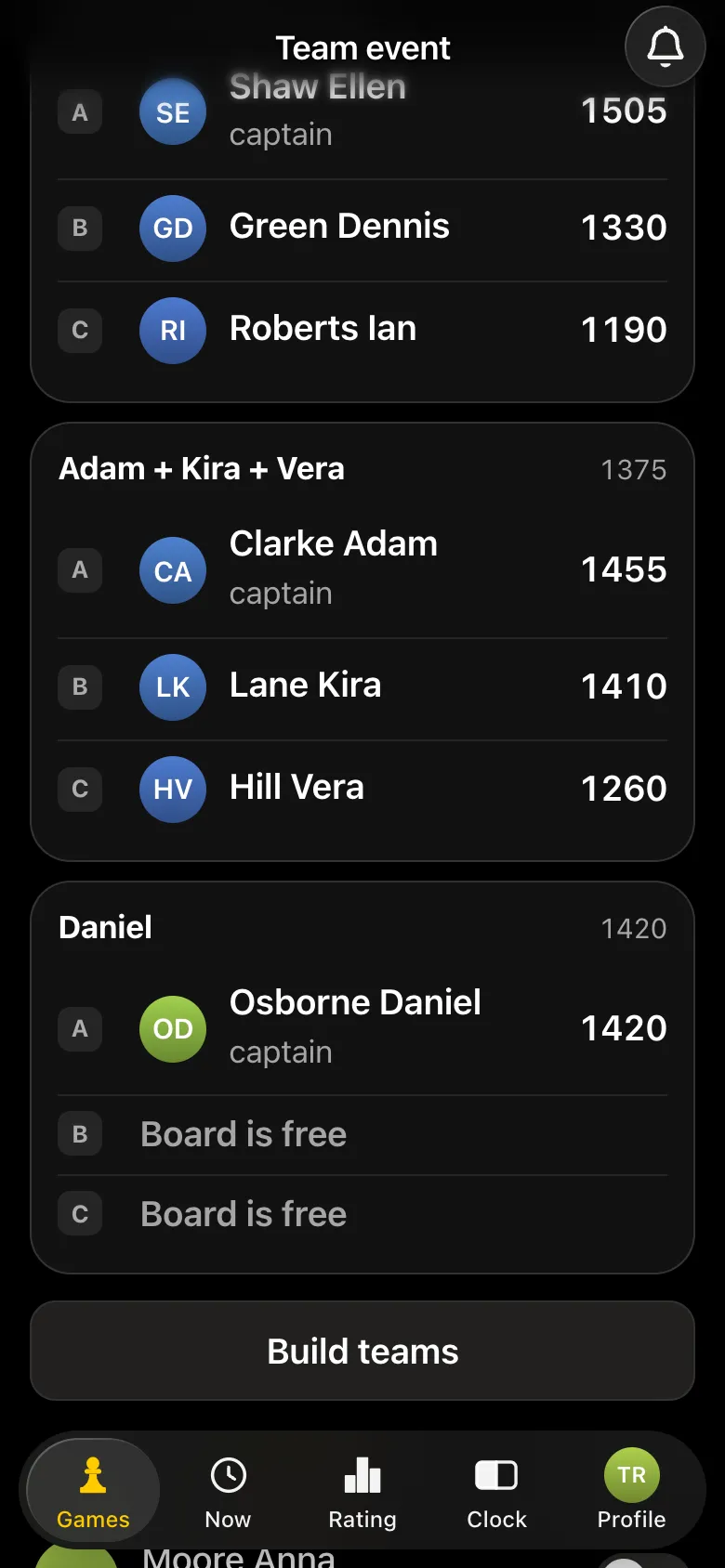 Tournament card: teams Ellen + Dennis + Ian and Adam + Kira + Vera, and an incomplete team Daniel with two free boards