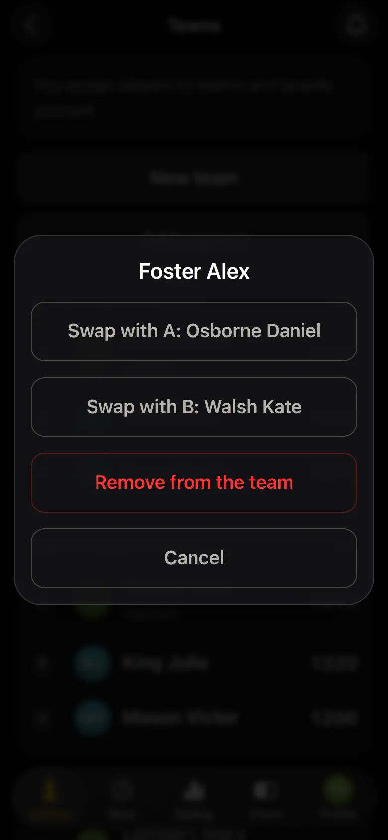 Team player menu: Swap with A: Osborne Daniel, Swap with B: Walsh Kate, Remove from the team
