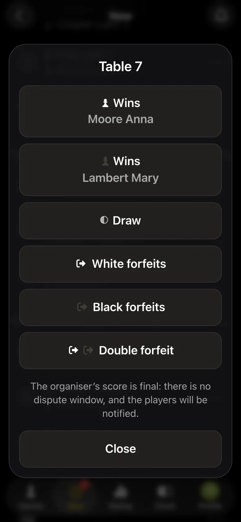 Organiser's result dialog for table 7: Moore Anna wins, Lambert Mary wins, Draw, White forfeits, Black forfeits, Double forfeit