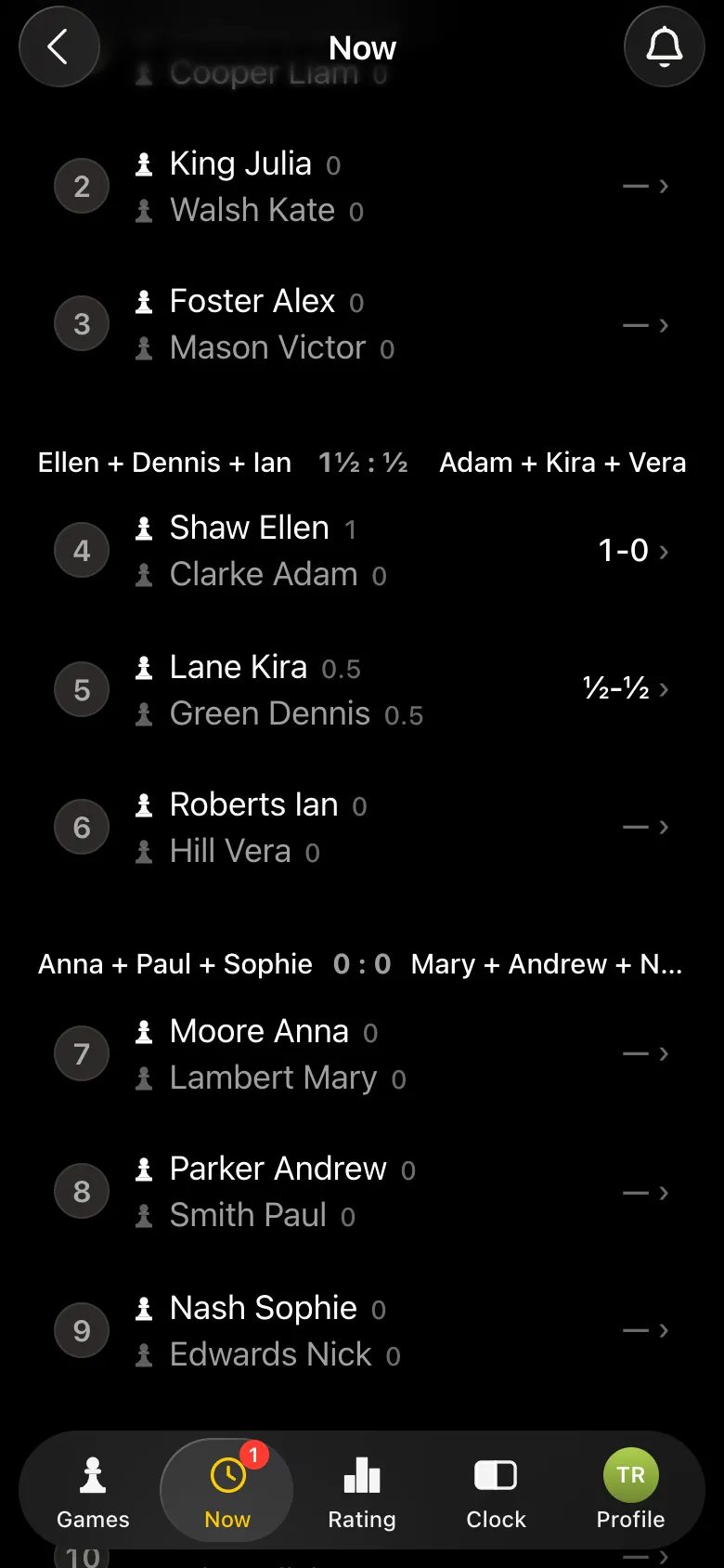 Round one for the organiser: the match Ellen + Dennis + Ian 1½ : ½ Adam + Kira + Vera at tables 4-6, then the next match