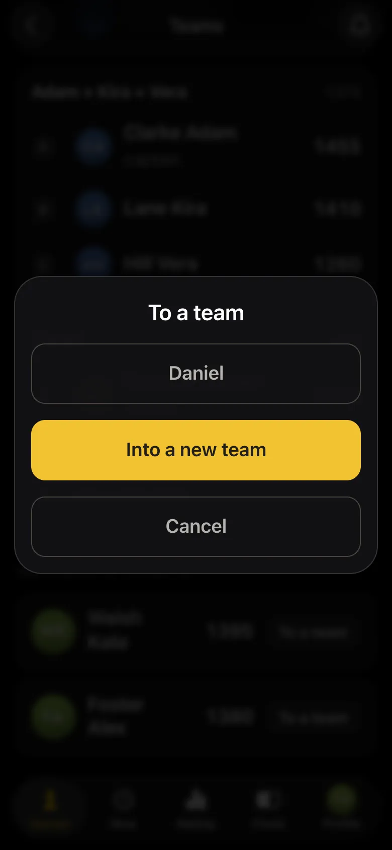 To a team dialog: team Daniel, Into a new team, Cancel