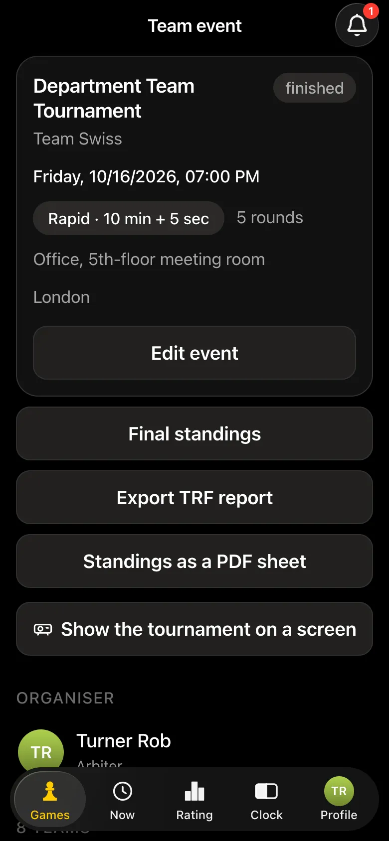 Finished team tournament card: Final standings, Export TRF report, Standings as a PDF sheet, Show the tournament on a screen