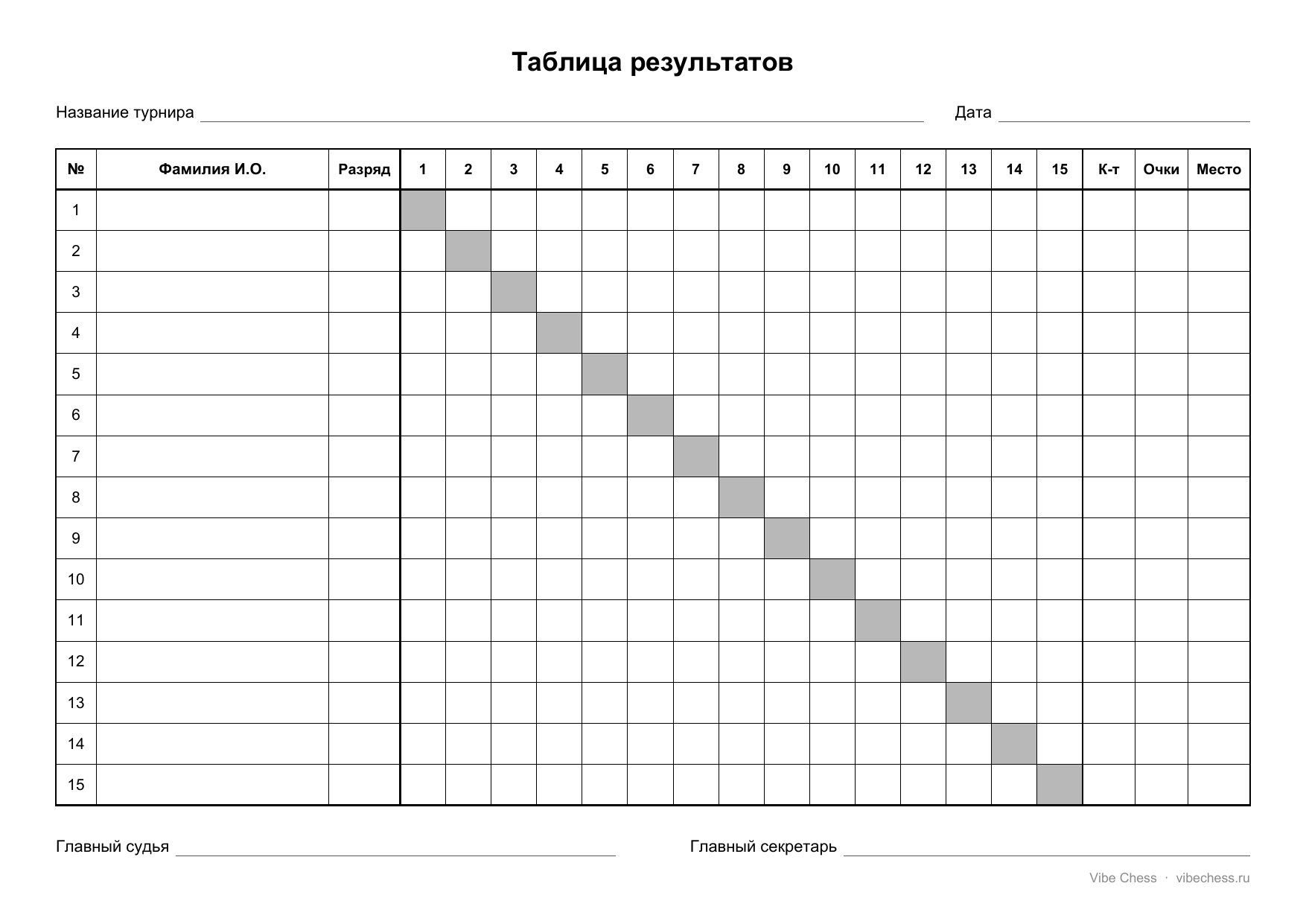 A tournament table form for 15 players, A4 format